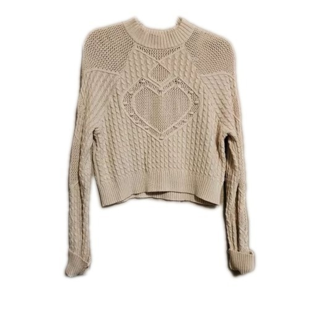 LA Heart Crop Sweater with Heart Pattern Beige Women's Size Medium